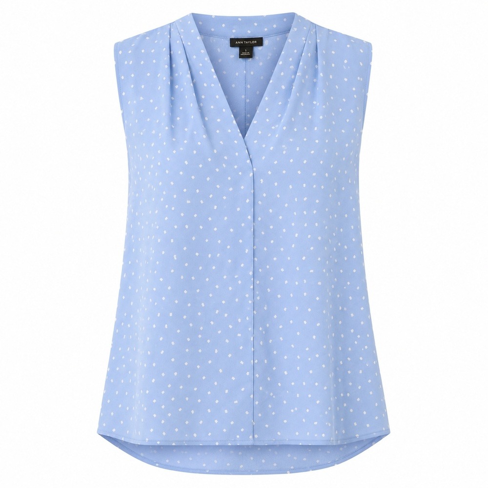 Ann Taylor Sleeveless Shell Women Small Blue Polkadot V-Neck Pleated Work Blouse